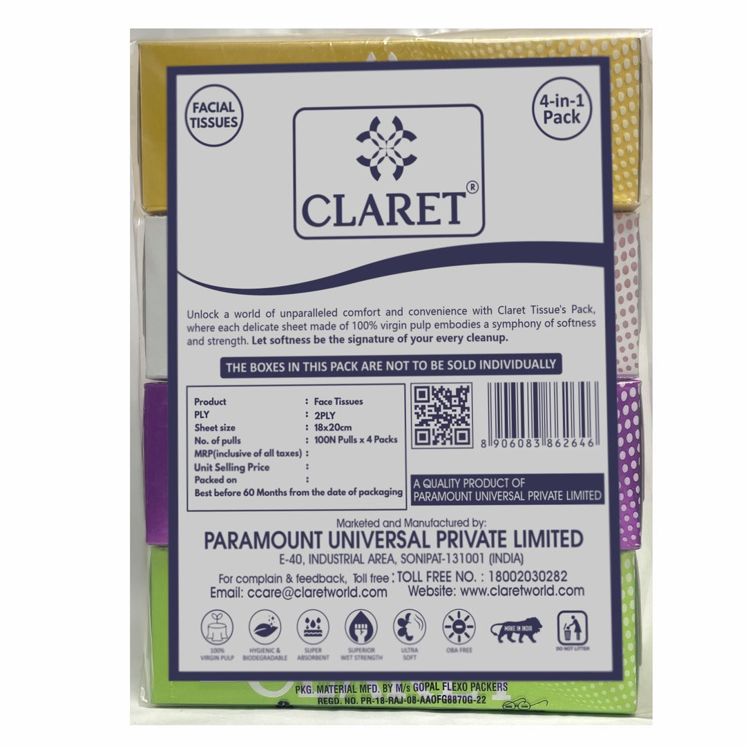 Claret Facial Tissue 4 in 1 Combo 2 Ply 100 Pulls