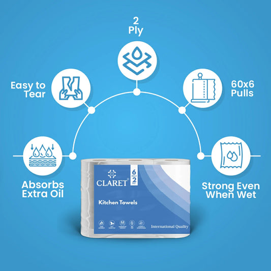 Claret Kitchen Towel 6 in 1 Combo 2 Ply (60 Pulls Per Roll, 360 Pulls)