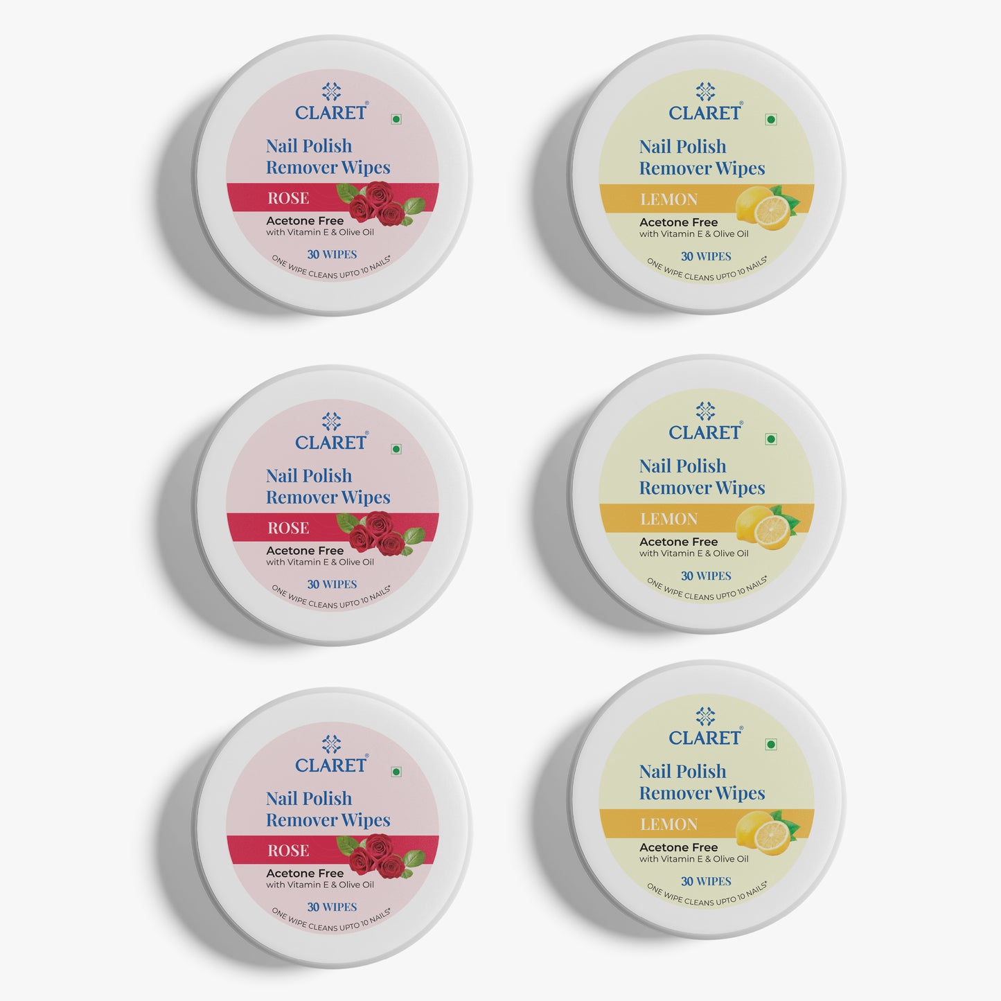 Claret Nail Polish Remover Wipes Combo | Lemon and Rose | 30 Wipes