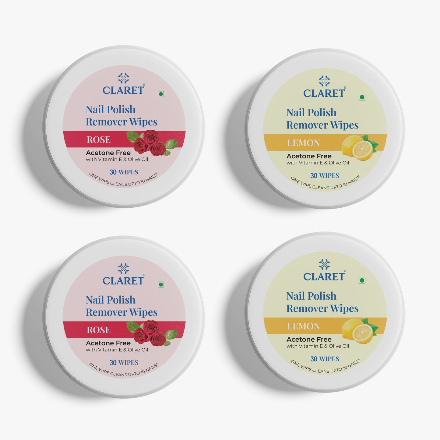 Claret Nail Polish Remover Wipes Combo | Lemon and Rose | 30 Wipes
