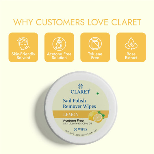 Claret Nail Polish Remover Wipes | Lemon | 30 Wipes