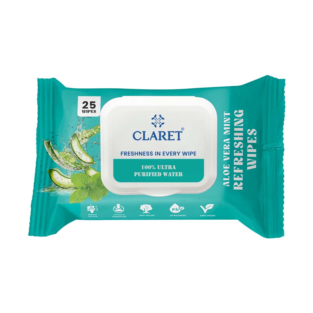 Claret Refreshing Wet Wipes Combo Aloe Vera Mint, Cucumber & Lemon | 25 Pulls
