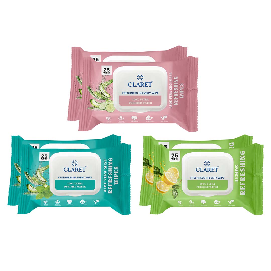 Claret Refreshing Wet Wipes Combo Aloe Vera Mint, Cucumber & Lemon | 25 Pulls