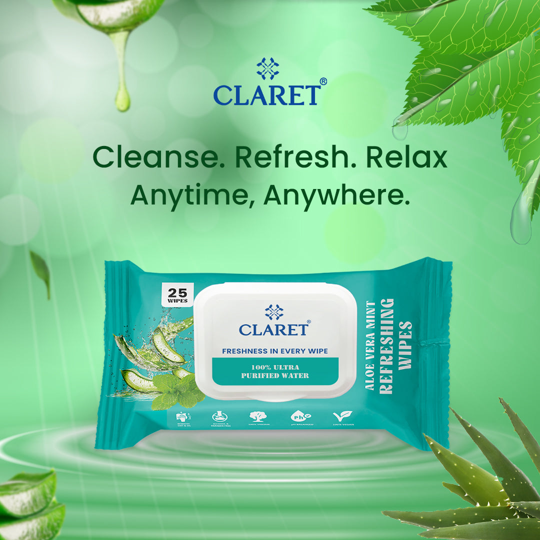Claret Refreshing Wet Wipes Combo Aloe Vera Mint, Cucumber & Lemon | 25 Pulls