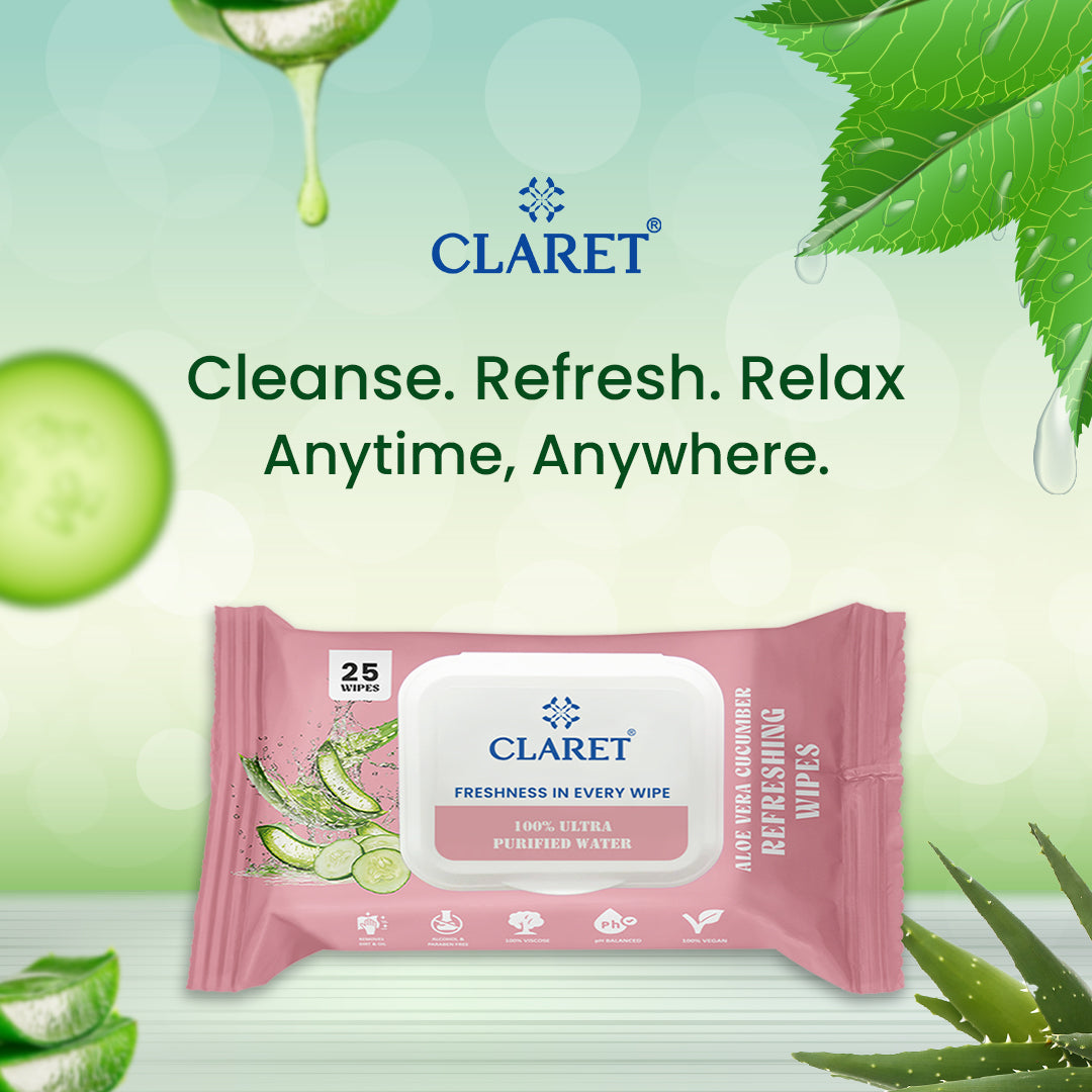 Claret Refreshing Wet Wipes Combo Aloe Vera Mint, Cucumber & Lemon | 25 Pulls