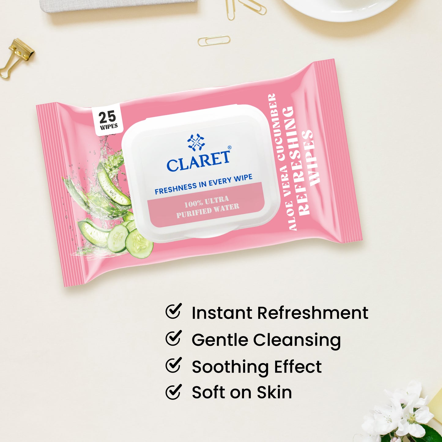 Claret Refreshing Wet Wipes Combo Aloe Vera Mint, Cucumber & Lemon | 25 Pulls