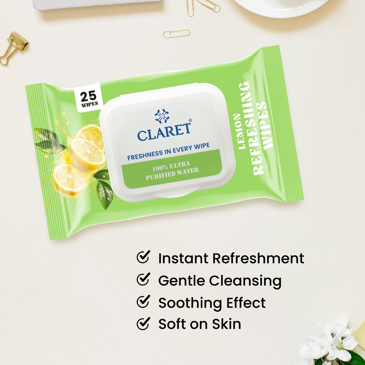 Claret Refreshing Wet Wipes Combo Aloe Vera Mint, Cucumber & Lemon | 25 Pulls
