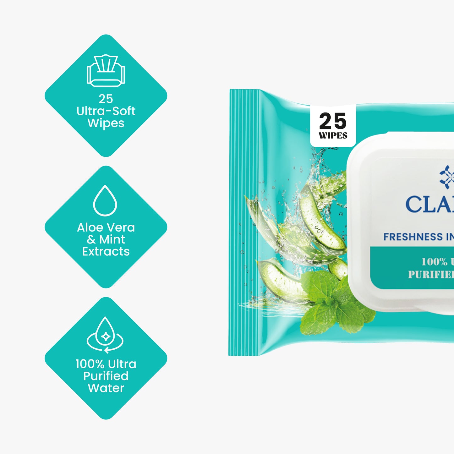 Claret Refreshing Wet Wipes Combo Aloe Vera Mint, Cucumber & Lemon | 25 Pulls