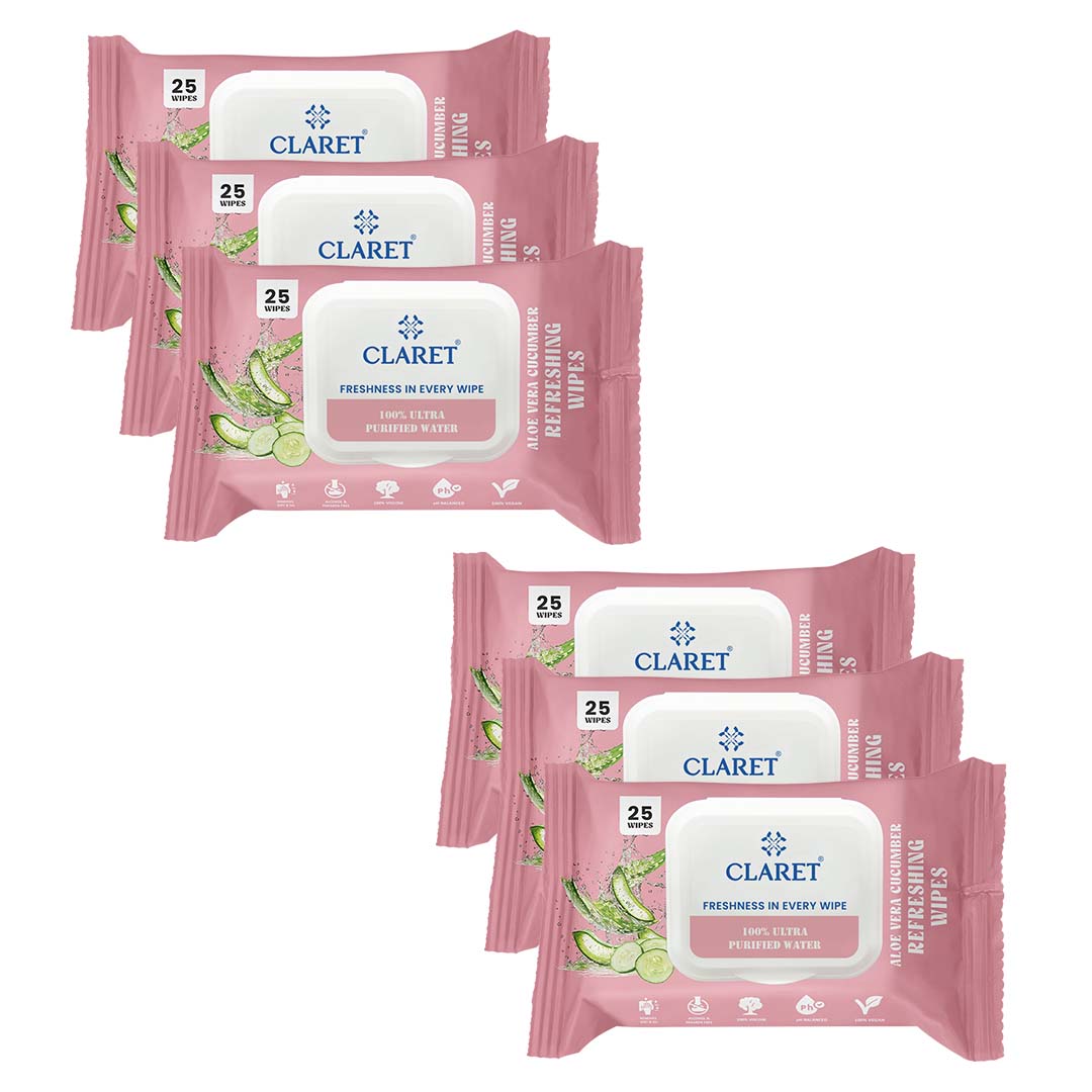 Claret Refreshing Wet Wipes With Aloe Vera & Cucumber | 25 Pulls