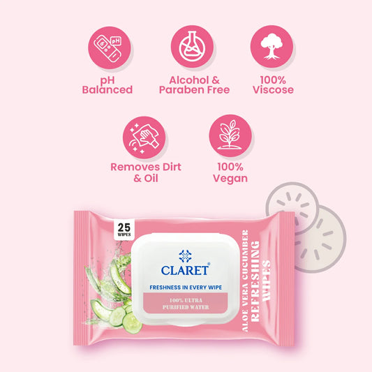 Claret Refreshing Wet Wipes With Aloe Vera & Cucumber | 25 Pulls