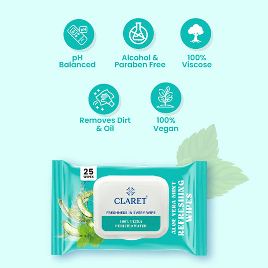 Claret Refreshing Wet Wipes Combo Aloe Vera Mint, Cucumber & Lemon | 25 Pulls