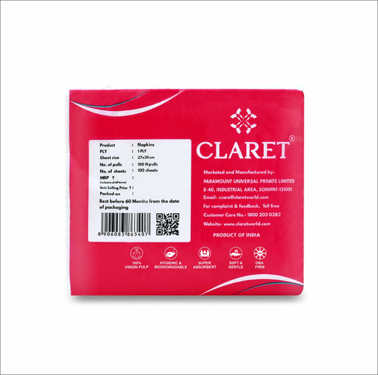 Claret Soft Napkin 1 Ply 100 Pulls - 27 x 30cm