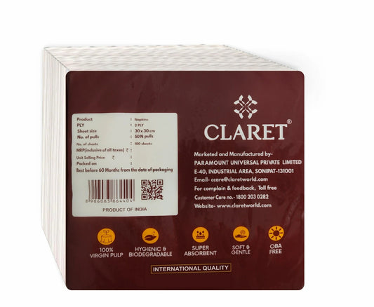 Claret Soft Napkin Plain 2 Ply 50 Pulls - 30 x 30cm