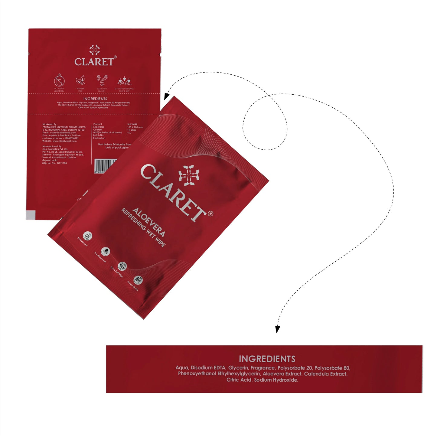 Claret Refreshing Single Wet Wipes With Aloe Vera