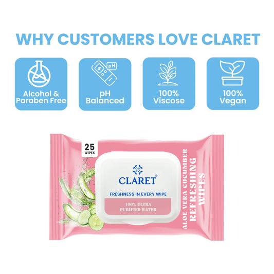 Claret Refreshing Wet Wipes With Aloe Vera & Cucumber | 25 Pulls