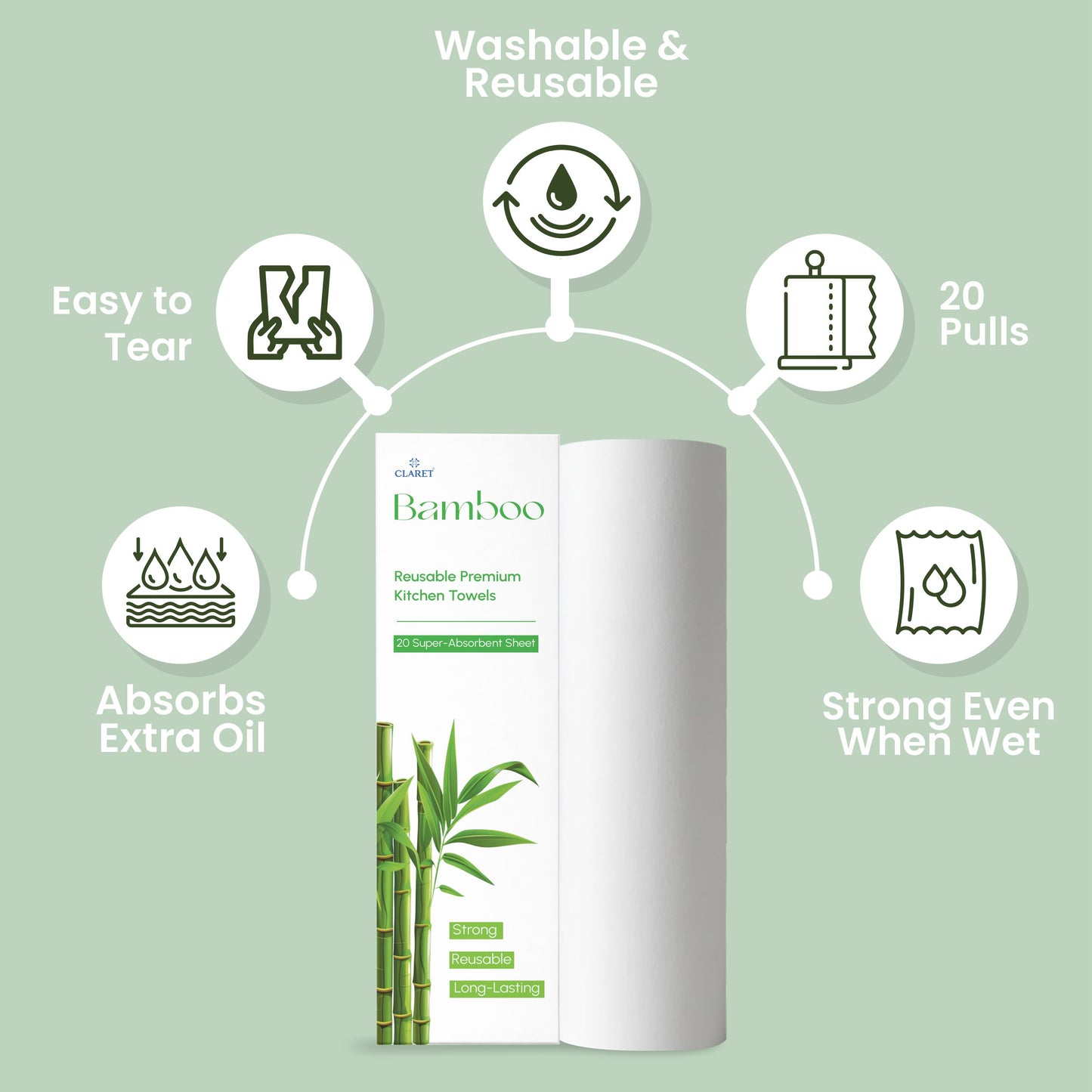 Claret Bamboo Reusable Premium Kitchen Towel 1 Ply 20 Pulls