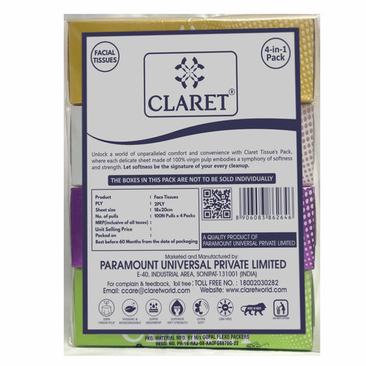 Claret Facial Tissue 4 in 1 Combo 2 Ply 100 Pulls (Assorted)
