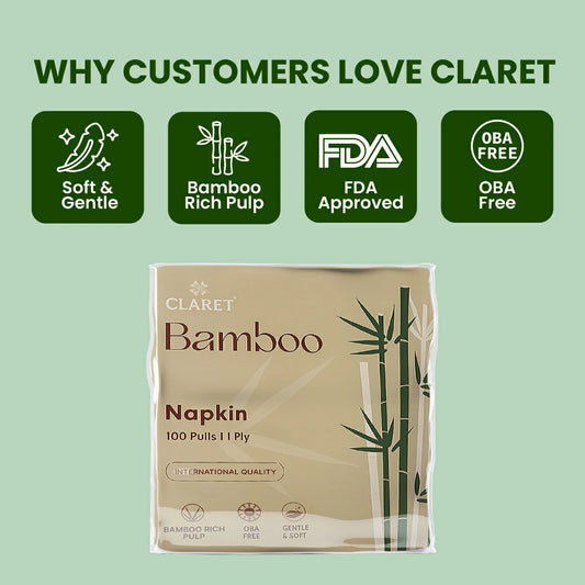 Claret Bamboo Napkin Single 1 Ply 100 Pulls - 30 x 30cm