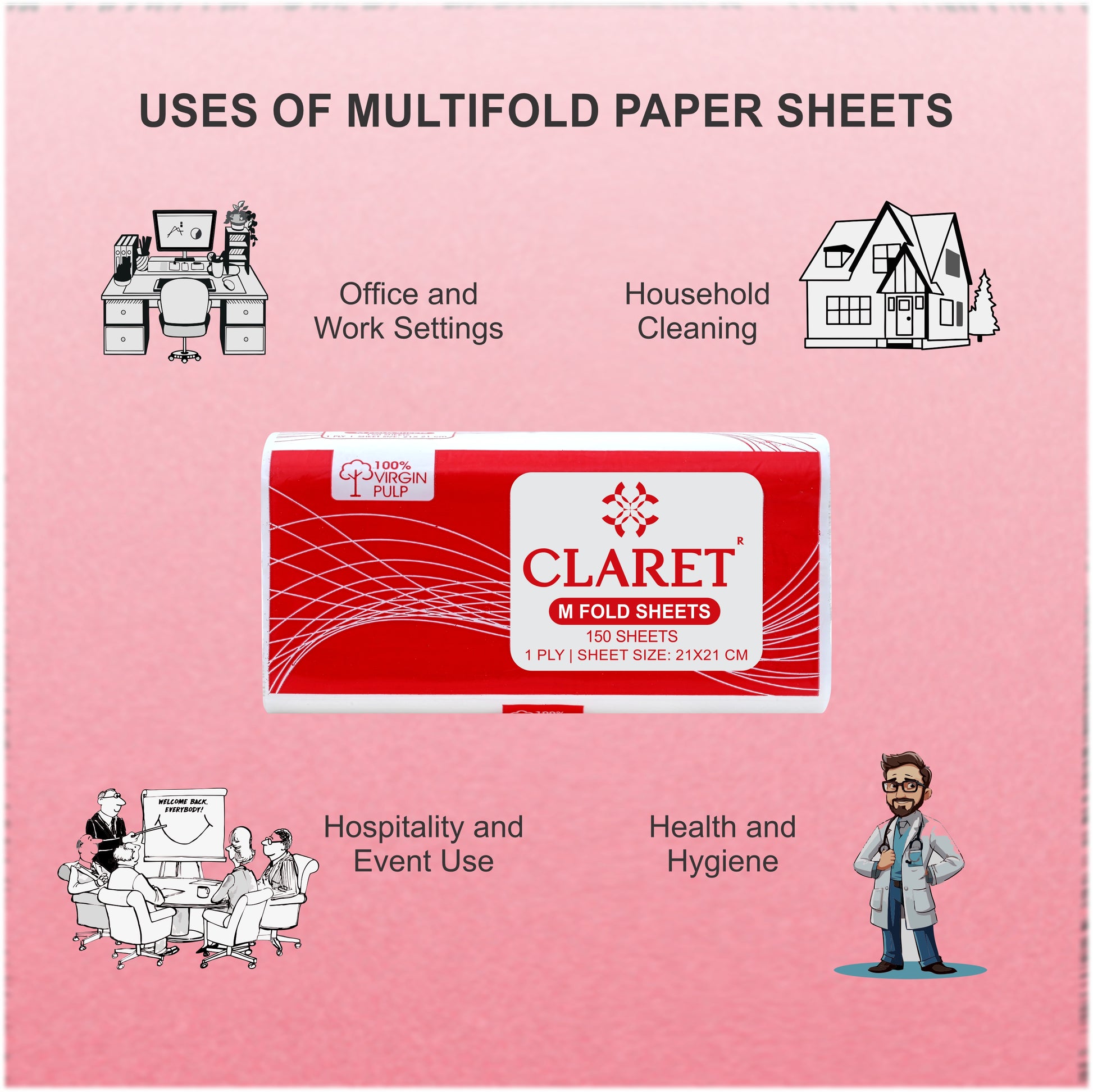 Claret 1 Ply M-Fold Sheet - 150 Sheets