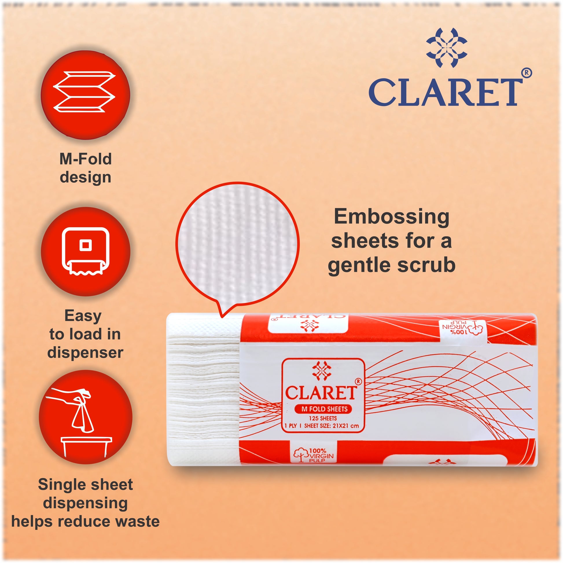 Claret 1 Ply M-Fold Sheet - 125 Sheets