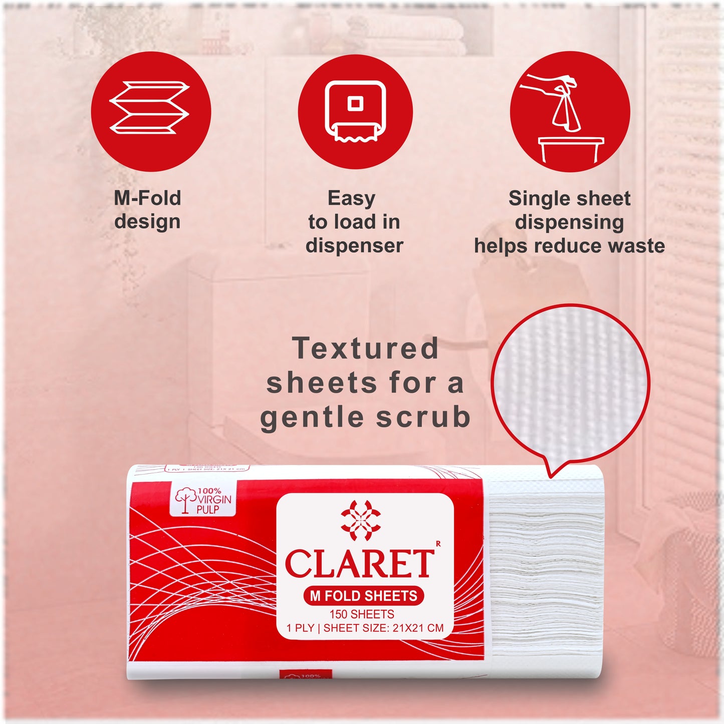 Claret 1 Ply M-Fold Sheet - 150 Sheets