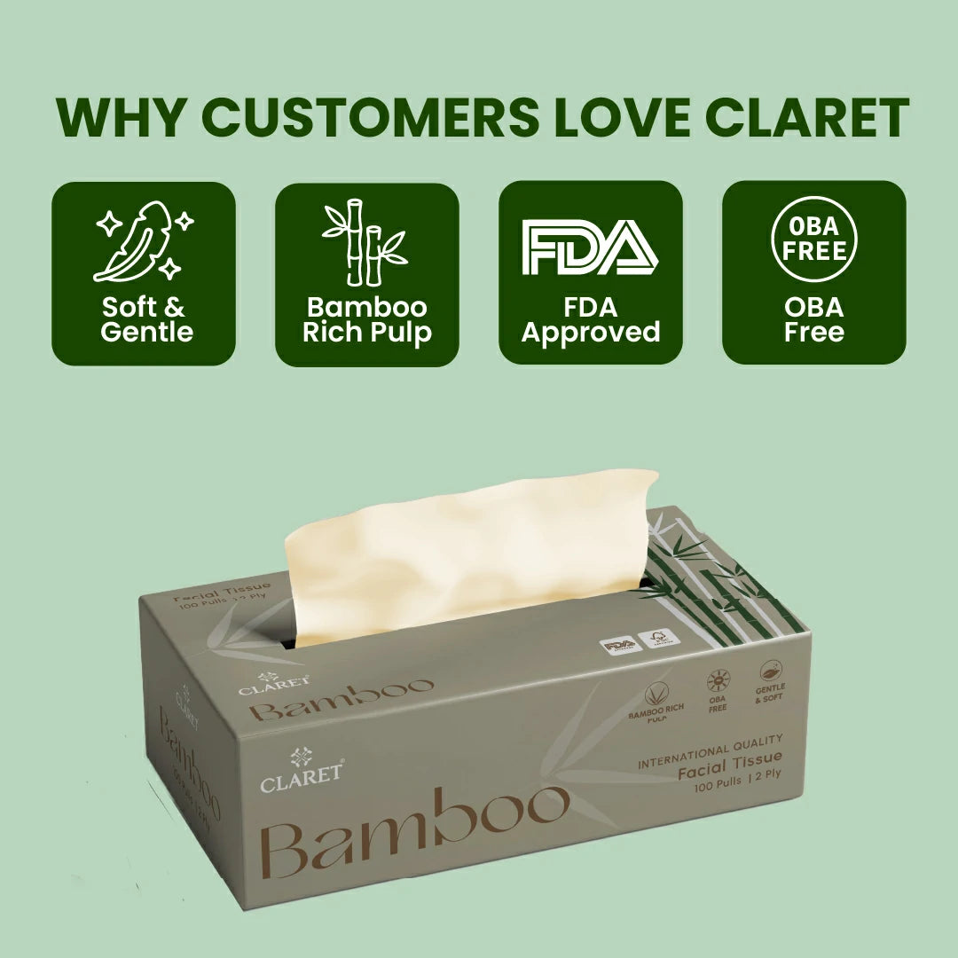 Claret Bamboo Facial Tissue 2 Ply 100 Pulls (Assorted)