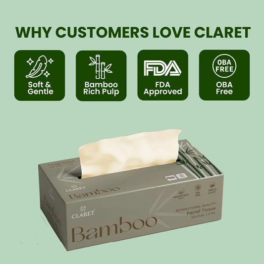 Claret Bamboo Facial Tissue 2 Ply 100 Pulls (Assorted)