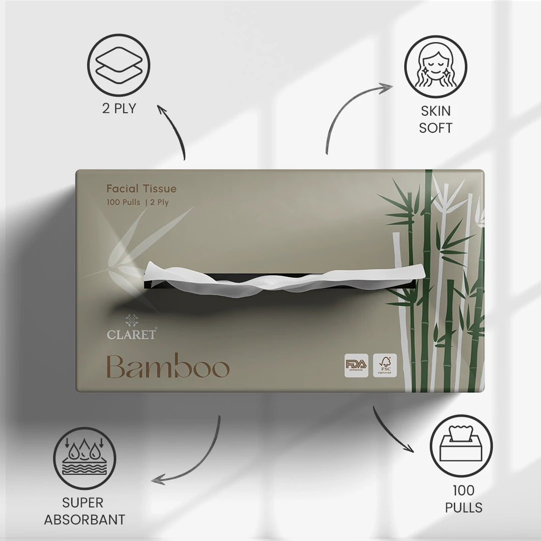 Claret Bamboo Facial Tissue 2 Ply 100 Pulls (Assorted)