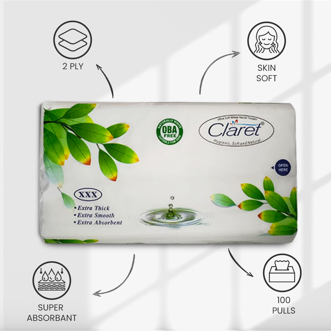 Claret Facial Tissue Soft 2 Ply 100 Pulls