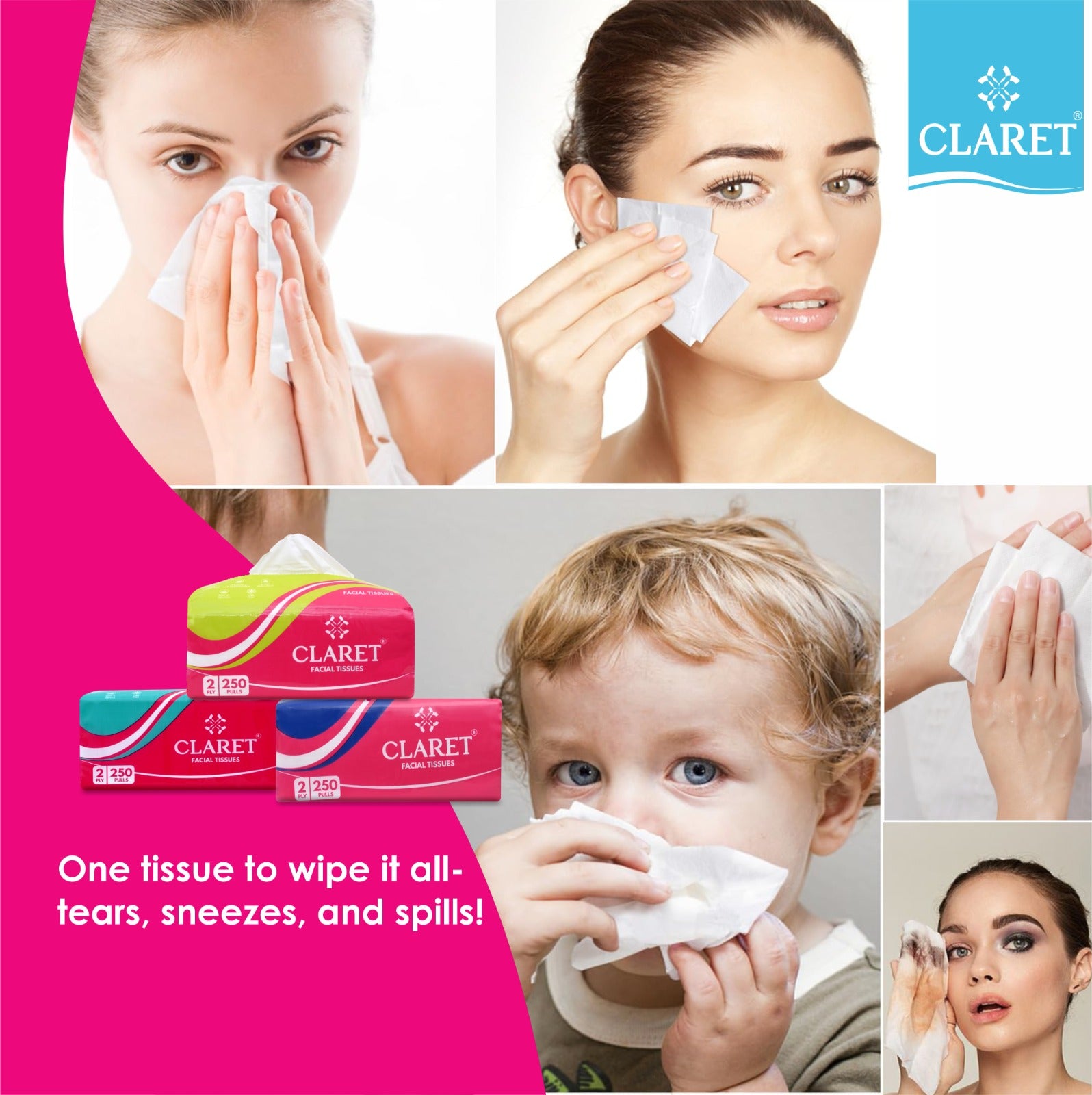 Claret Facial Tissue Soft 2 Ply 250 Pulls (Assorted)
