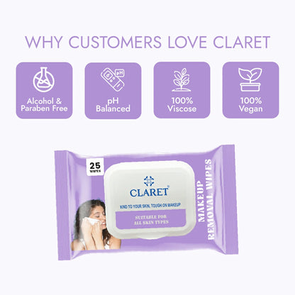 Claret Gentle Makeup Removal Wet Wipes | 25 Wipes