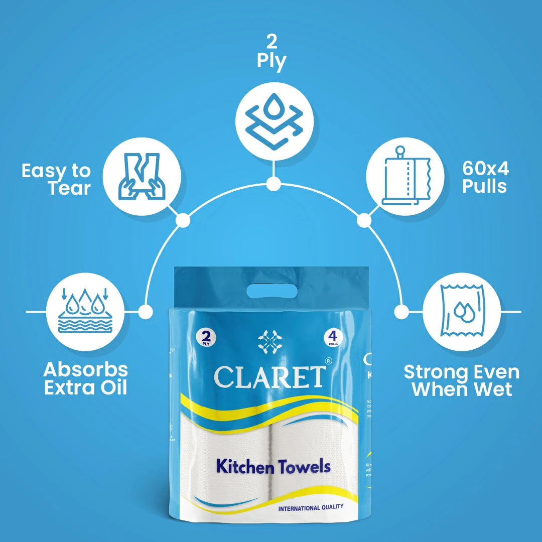 Claret Kitchen Towel 4 in 1 Combo 2 Ply (60 Pulls Per Roll, 240 Pulls)