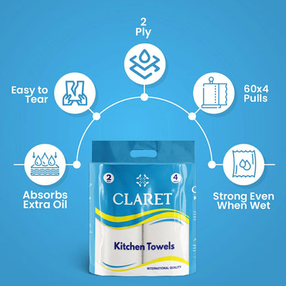 Claret Kitchen Towel 4 in 1 Combo 2 Ply (60 Pulls Per Roll, 240 Pulls)