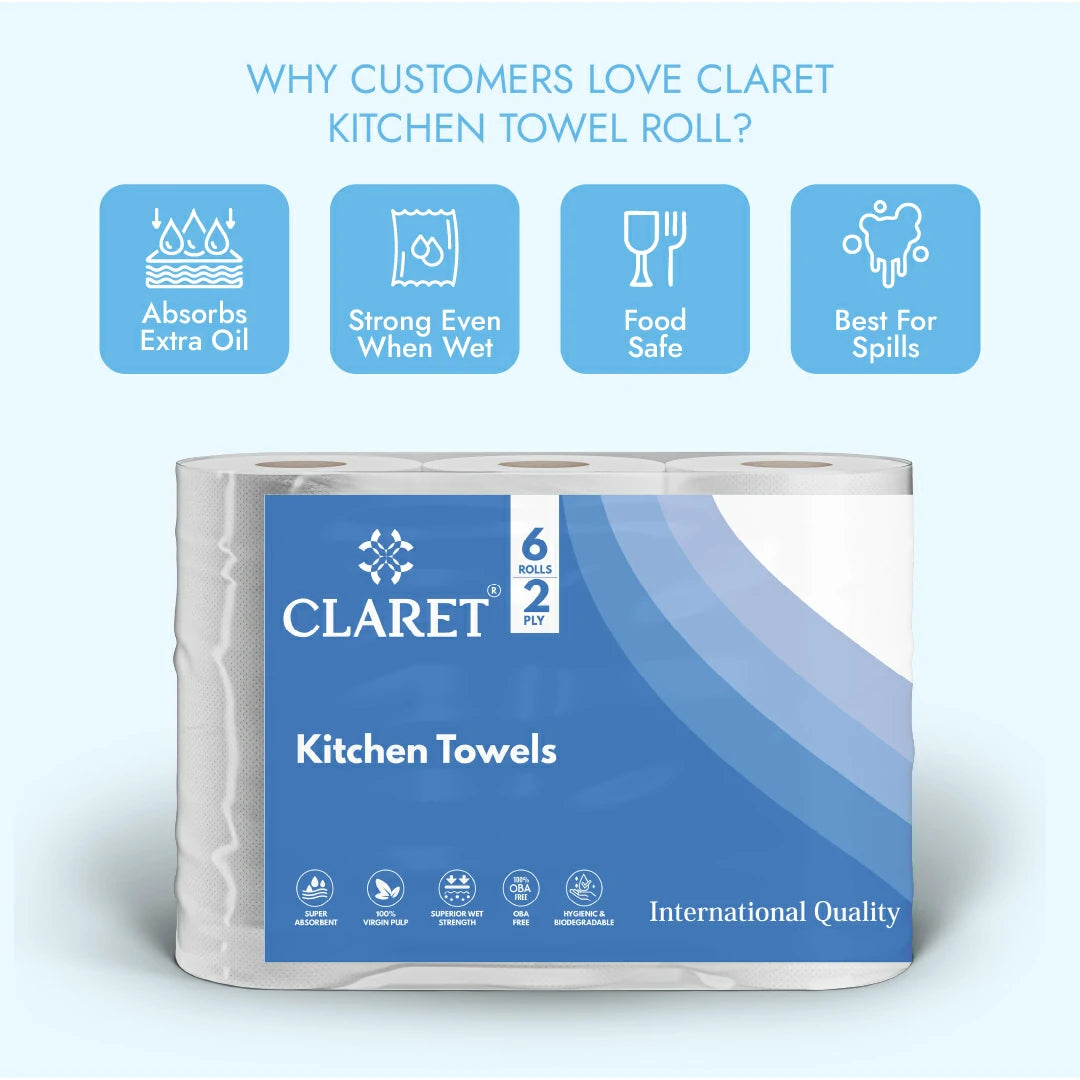 Claret Kitchen Towel 6 in 1 Combo 2 Ply (60 Pulls Per Roll, 360 Pulls)