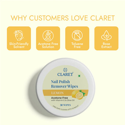 Claret Nail Polish Remover Wipes Combo | Lemon and Rose | 30 Wipes