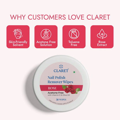 Claret Nail Polish Remover Wipes | Rose | 30 Wipes