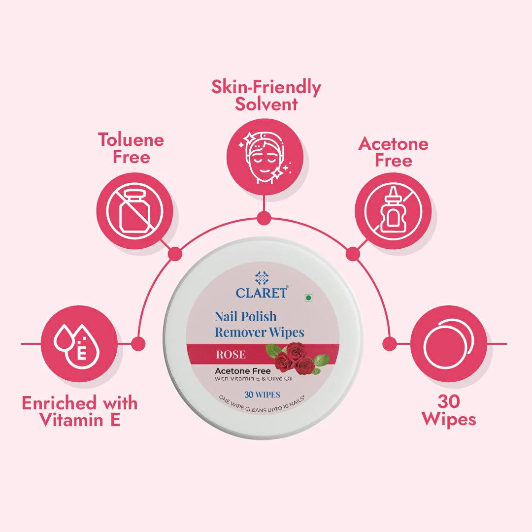 Claret Nail Polish Remover Wipes Combo | Lemon and Rose | 30 Wipes