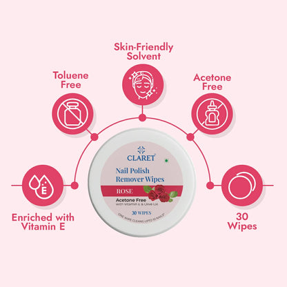 Claret Nail Polish Remover Wipes Combo | Lemon and Rose | 30 Wipes