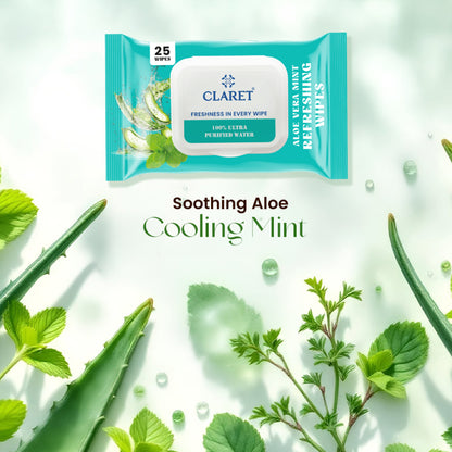 Claret Refreshing Wet Wipes Combo Aloe Vera Mint, Cucumber & Lemon | 25 Pulls