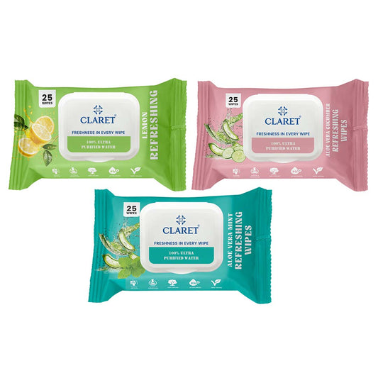 Claret Refreshing Wet Wipes Combo Aloe Vera Mint, Cucumber & Lemon | 25 Pulls