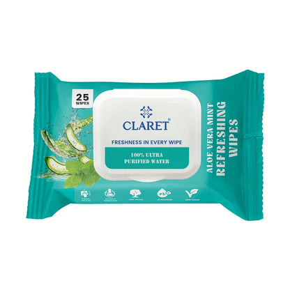 Claret Refreshing Wet Wipes Combo Aloe Vera Mint, Cucumber & Lemon | 25 Pulls