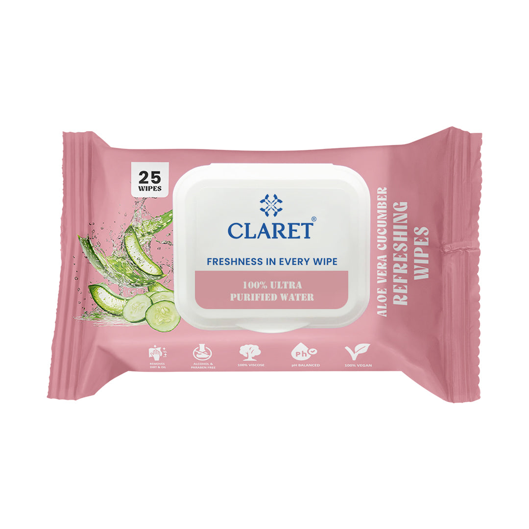 Claret Refreshing Wet Wipes Combo Aloe Vera Mint, Cucumber & Lemon | 25 Pulls