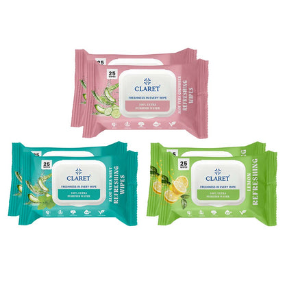 Claret Refreshing Wet Wipes Combo Aloe Vera Mint, Cucumber & Lemon | 25 Pulls