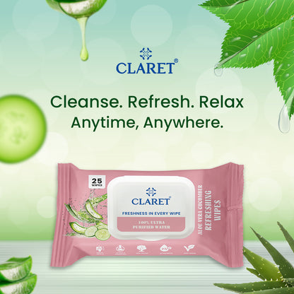 Claret Refreshing Wet Wipes Combo Aloe Vera Mint, Cucumber & Lemon | 25 Pulls