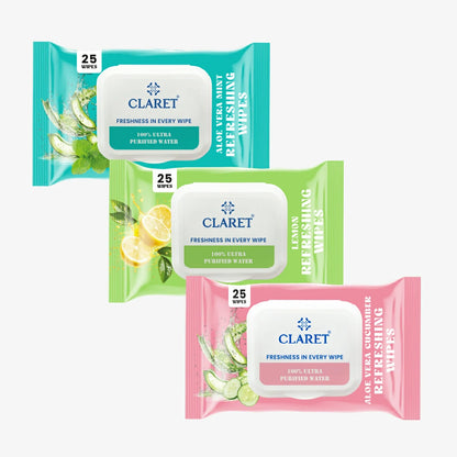 Claret Refreshing Wet Wipes Combo Aloe Vera Mint, Cucumber & Lemon | 25 Pulls