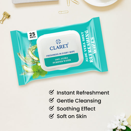 Claret Refreshing Wet Wipes Combo Aloe Vera Mint, Cucumber & Lemon | 25 Pulls