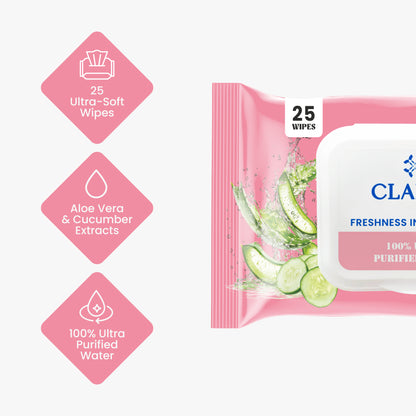 Claret Refreshing Wet Wipes Combo Aloe Vera Mint, Cucumber & Lemon | 25 Pulls