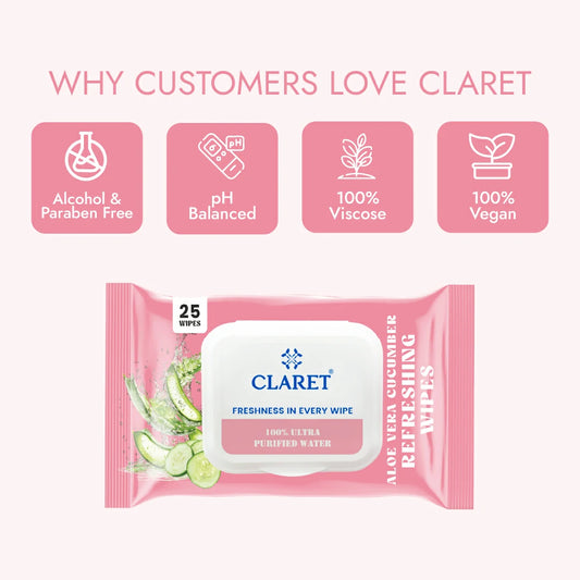 Claret Refreshing Wet Wipes With Aloe Vera & Cucumber | 25 Pulls