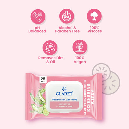 Claret Refreshing Wet Wipes With Aloe Vera & Cucumber | 25 Pulls