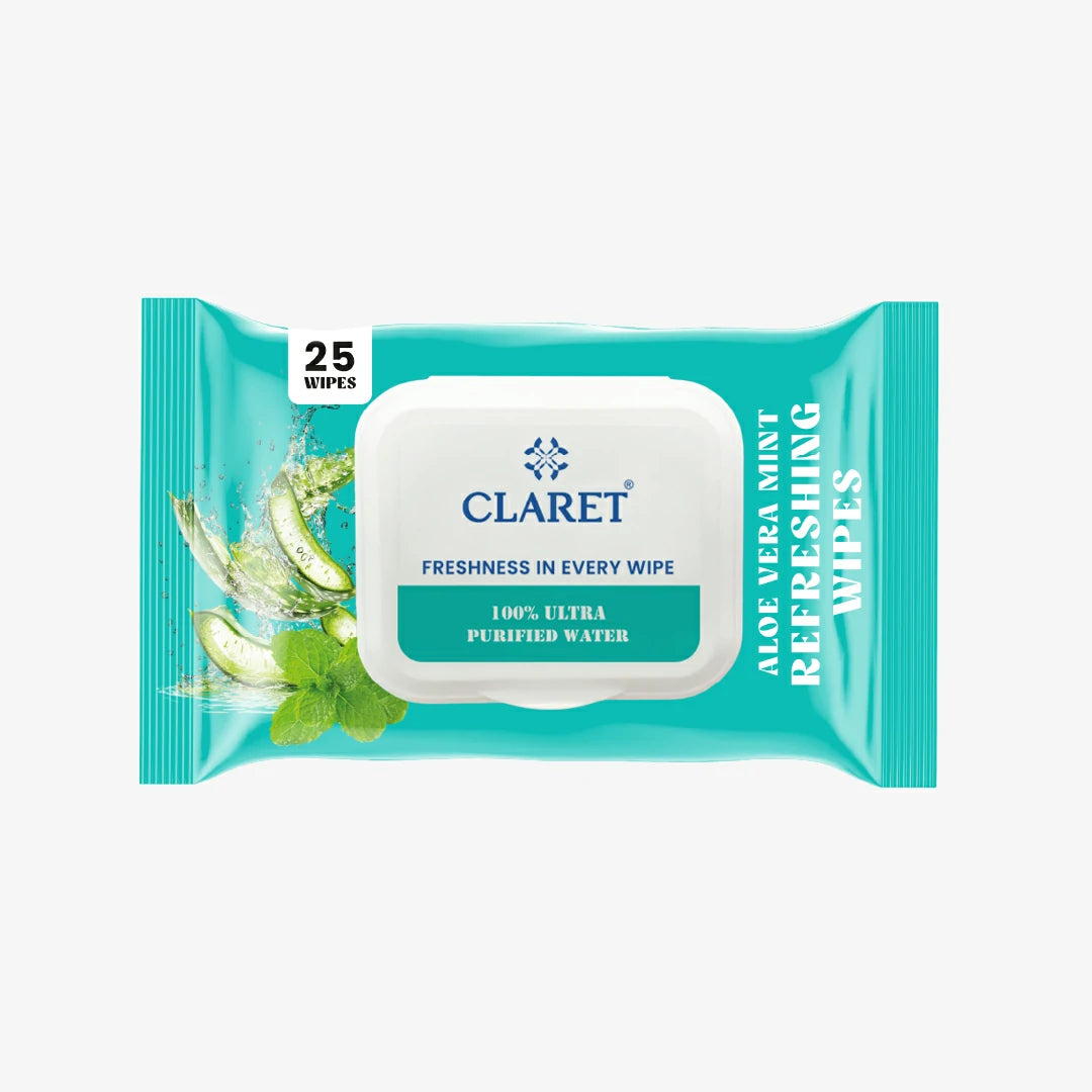 Claret Wet Wipes – Aloe Vera & Mint, 25 Pulls, Refreshing